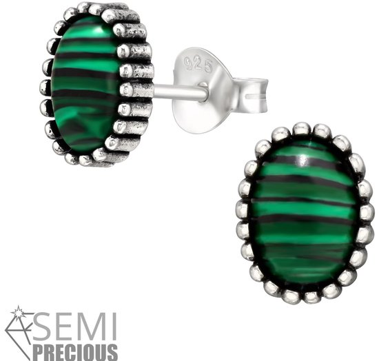 Joy|S - Zilveren ovaal oorbellen - groen malachiet - 6.5 x 8.5 mm - ovale oorknoppen