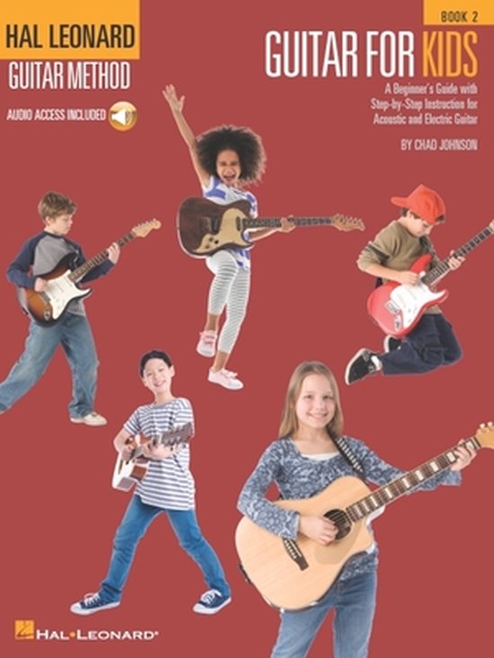 Livre : Méthode de guitare pour enfants, volume 2. Cinq enfants jouent de la guitare sur fond rouge.