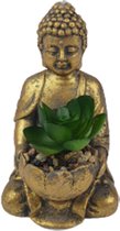 Buddha beeldje met kunstplantje - Goud / Groen - Aardewerk / Kunststof - 8 x 8 x 14 cm - Buddha - Beeld - Figuur - Figuurtje