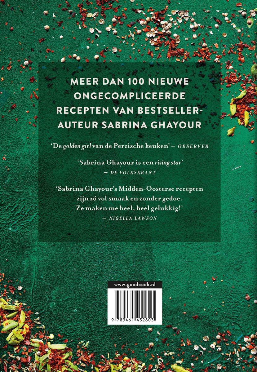 Achterkant van het boek 'Persiana Elke Dag' met recensies en een barcode.