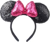 Diadeem-fotoshoot-muizen oren-muis-haarbeugel-themafeest-kinder verjaardag-verkleedkleding-pink-glitters-oren-3D strik-haarband