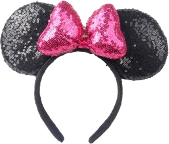 Diadeem-fotoshoot-muizen oren-muis-haarbeugel-themafeest-kinder verjaardag-verkleedkleding-pink-glitters-oren-3D strik-haarband