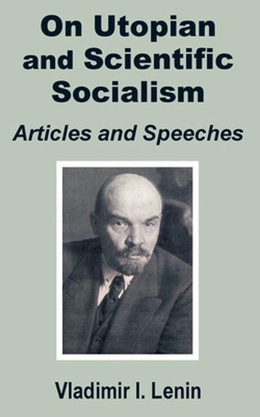 Boekomslag met de titel 'On Utopian and Scientific Socialism', met een zwart-witfoto van Vladimir I. Lenin.