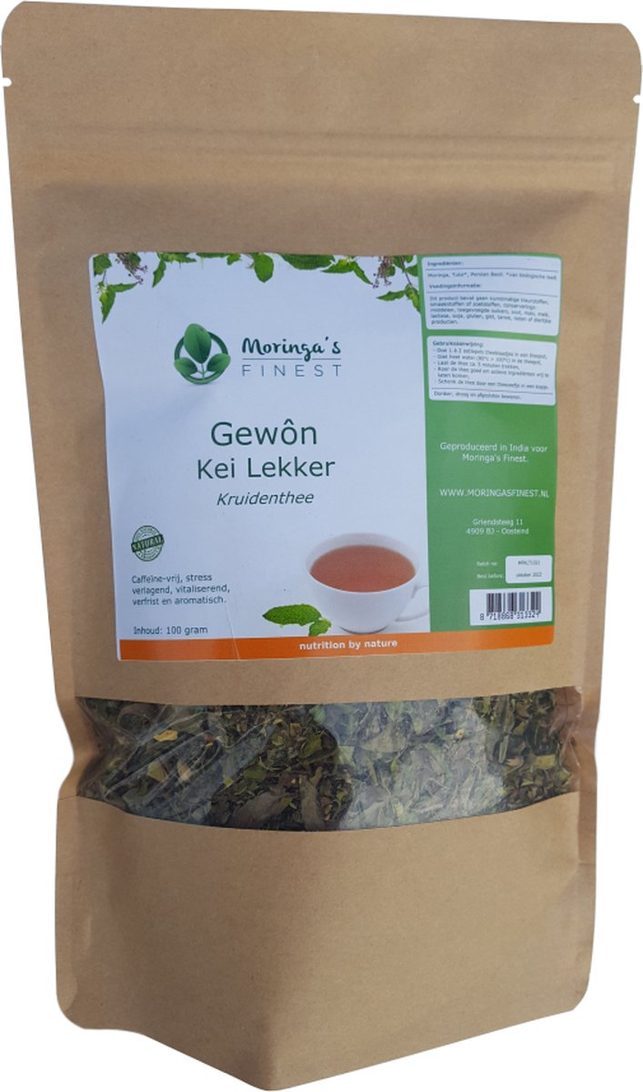 Gewôn Kei Lekker Thee - 100 gram - Kruiden thee: Moringa, Tulsi en Persian Basil - Moringa's Finest