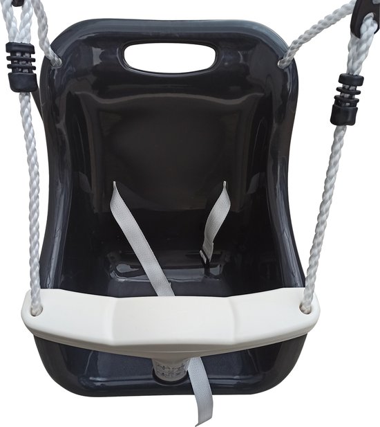 Siège de balançoire noir pour bébé avec pare-chocs beige et harnais de sécurité gris, sur corde blanche.
