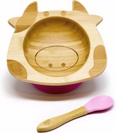 Kleiner Fuchs Baby Bowl - Bol en Bamboe avec ventouse antidérapante - Ensemble de bols avec cuillère pour bébé assortie - Perfect comme coffret cadeau - Vache