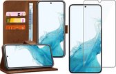Hoesje geschikt voor Samsung Galaxy S22 - Book Case Leer Wallet Cover Portemonnee Pasjeshouder Hoes Bruin - Tempered Glass Screenprotector