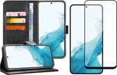 Hoesje geschikt voor Samsung Galaxy S22 - Book Case Leer Wallet Cover Portemonnee Pasjeshouder Hoes Zwart - Full Tempered Glass Screenprotector