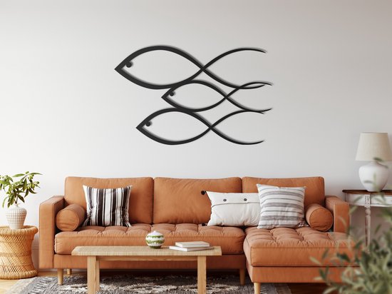 Wanddecoratie |Vis Familie /Fish Family  decor | Metal - Wall Art | Muurdecoratie | Woonkamer |Zwart| 90x56cm