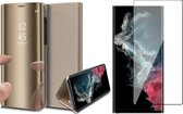 Samsung Galaxy S22 Ultra Hoesje - Book Case Spiegel Wallet Cover Hoes Goud - Full Tempered Glass Screenprotector