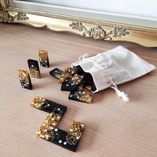 Thumbnail van een extra afbeelding van het spel Domino set 28 - Zwart - goud - epoxy - resin