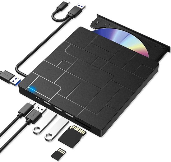 bestberry® 7-in-1 Externe DVD / CD Speler en Brander voor Laptop - Draagbaar - Portable - USB 3.0 & USB-C - Windows, MacOS & Linux - Plug & Play – 4 USB-poorten – SD en Micro SD - Best Berry