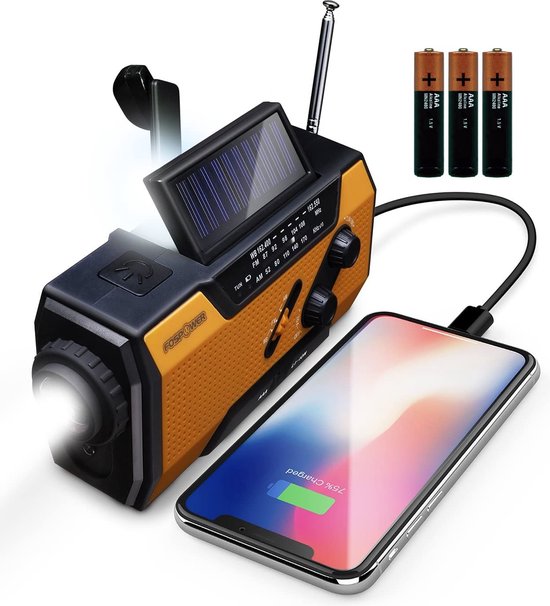 Trendosa Solar Noodradio - Survival radio - Opwindbare radio - Solar opwindbaar - Noodpakket rampenrugzak - met zaklamp en 2000 mAh powerbank - Op batterijen voor rampen - Geel- met baterijen