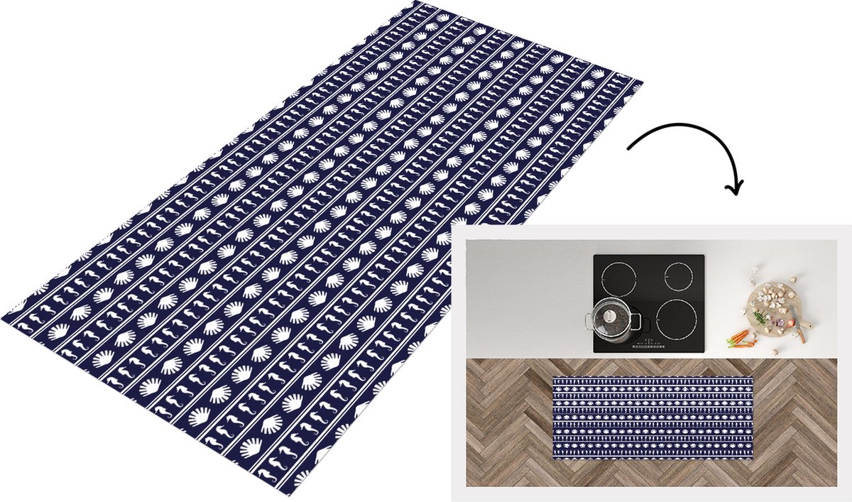 KitchenYeah Keukenloper - Loper keuken - Patronen - Zee - Schelpen - Zeepaardje - 120x50 cm - Keukenloper vinyl Multicolor