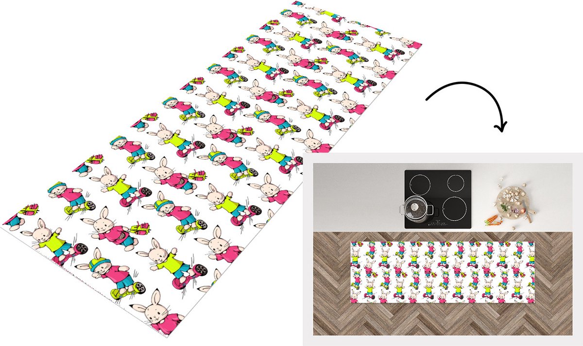 KitchenYeah Keukenloper - Loper keuken - School - Konijnen - Dieren - Kinderen - Patronen - 150x50 cm - Keukenloper vinyl Multicolor