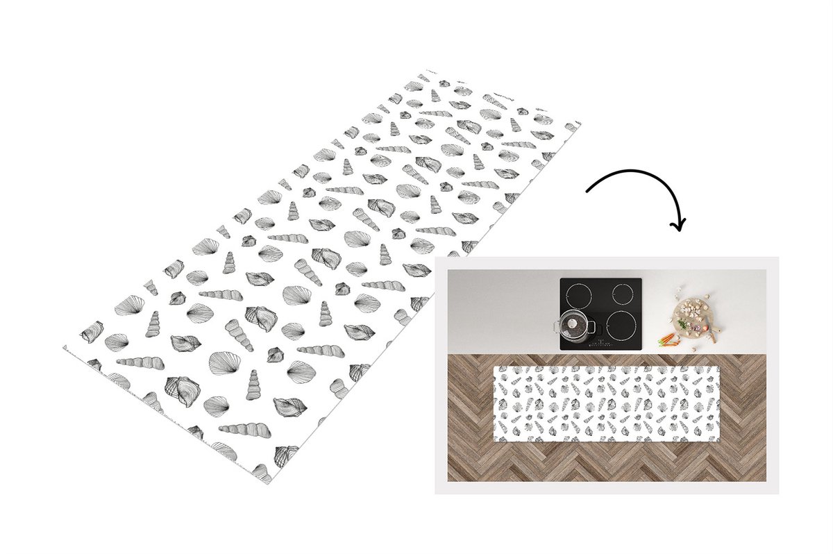KitchenYeah Keukenloper - Loper keuken - Schelp - Zwart Wit - Design - Keukenloper vinyl, foto 6
