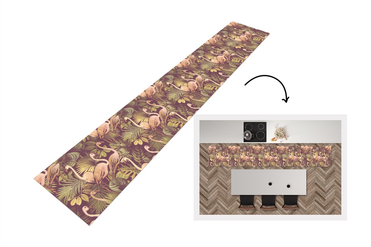 KitchenYeah Keukenloper - Loper keuken - Vintage - Flamingo - Bladeren - Jungle - Patroon - 300x50 cm - Keukenloper vinyl Multicolor