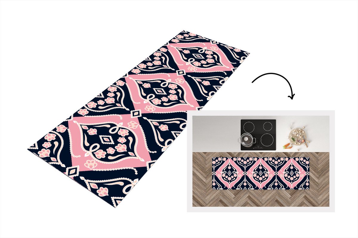 KitchenYeah Keukenloper - Loper keuken - Bloemen - Roze - Ornament - Design - 150x50 cm - Keukenloper vinyl Multicolor