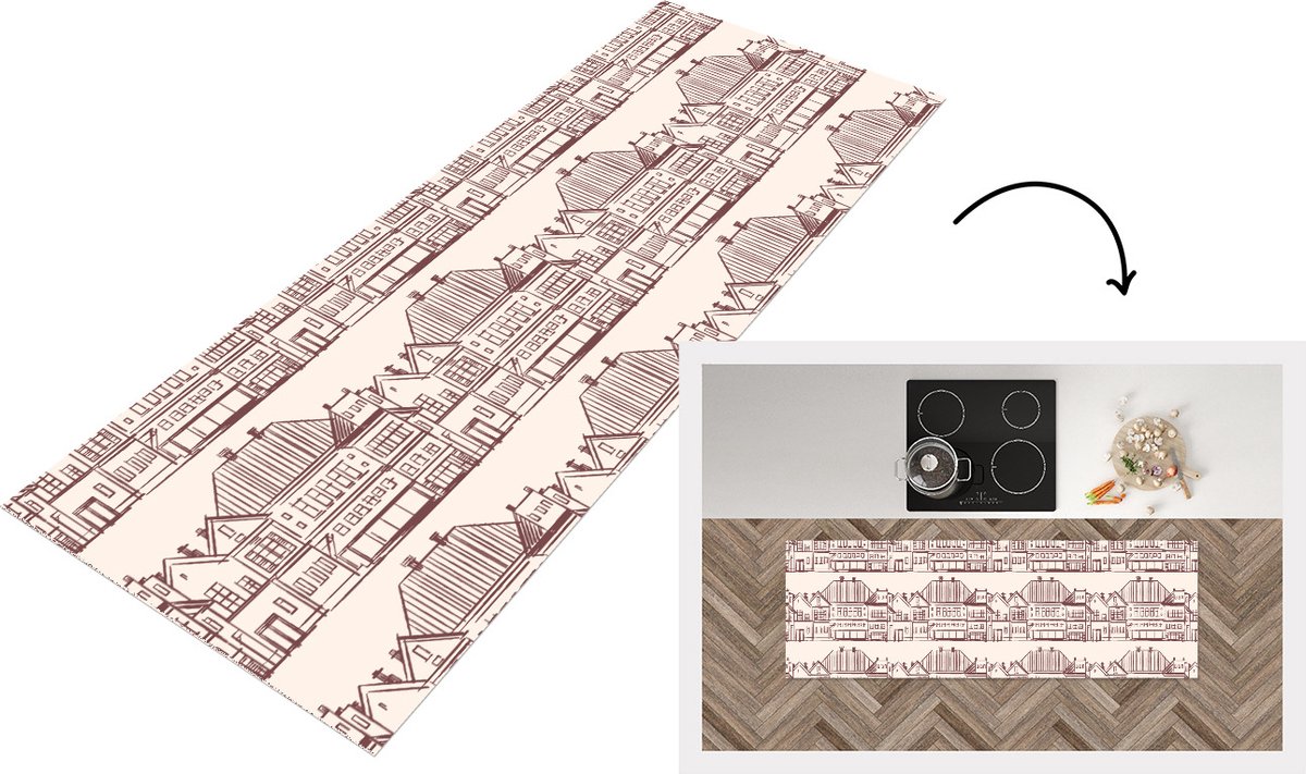 KitchenYeah Keukenloper - Loper keuken - Huizen - Patronen - Abstract - 150x50 cm - Keukenloper vinyl Multicolor