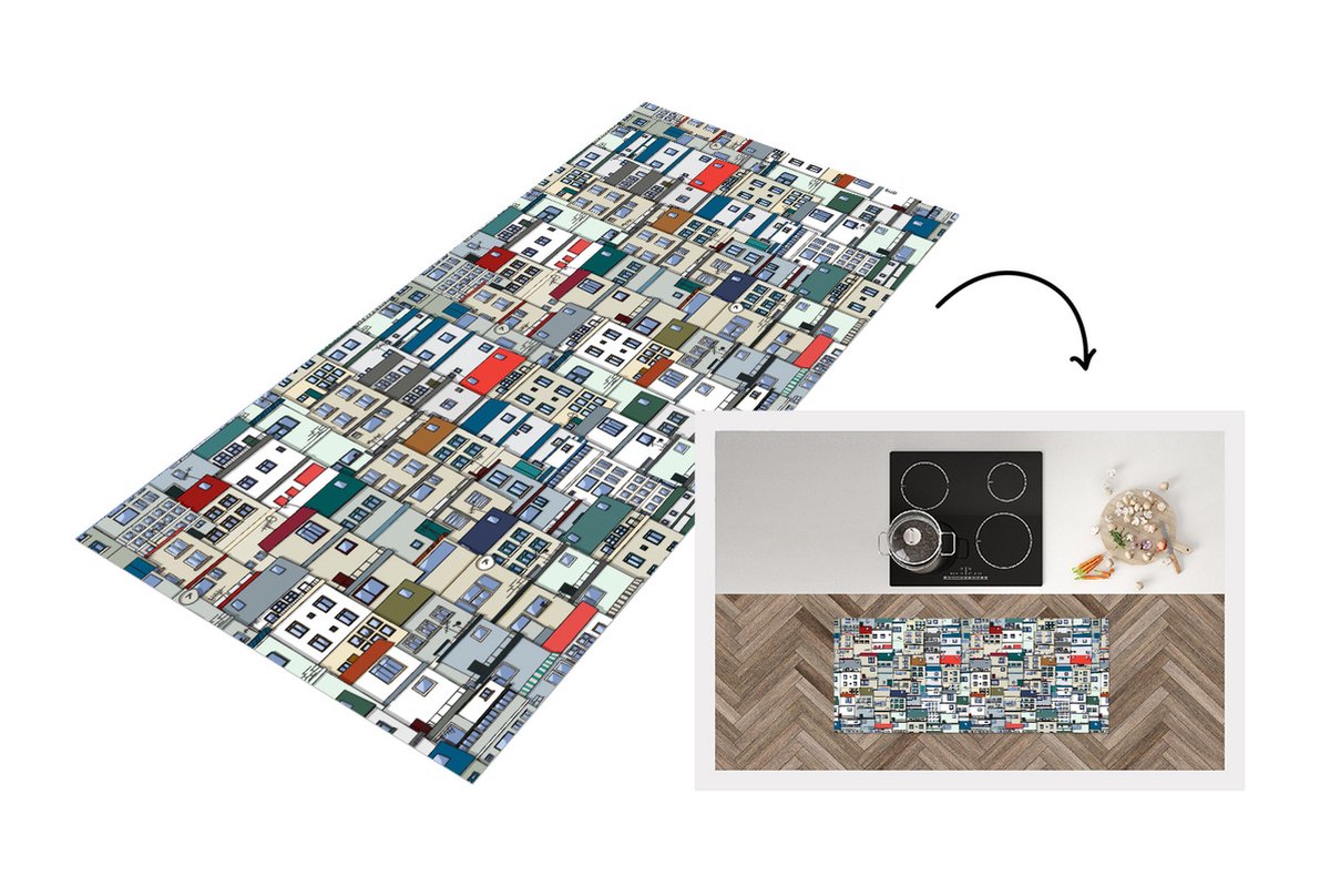 KitchenYeah Keukenloper - Loper keuken - Zentangle - Huis - Patronen - 120x50 cm - Keukenloper vinyl Multicolor