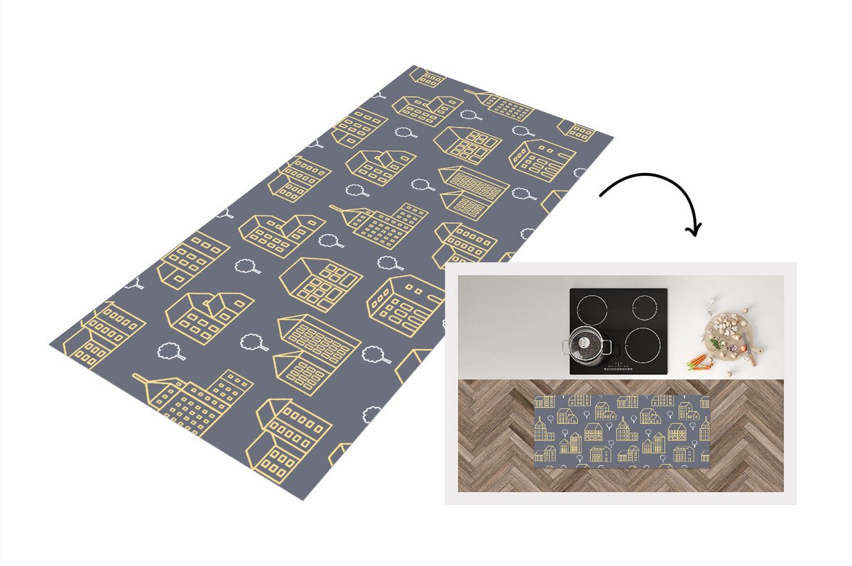 KitchenYeah Keukenloper - Loper keuken - Patronen - Gebouwen - Goud - Keukenloper vinyl Multicolor
