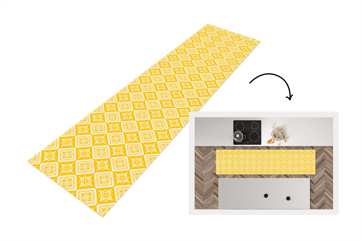 KitchenYeah Keukenloper - Loper keuken - Mozaïek - Vintage - Geel - Patronen - 200x50 cm - Keukenloper vinyl Multicolor