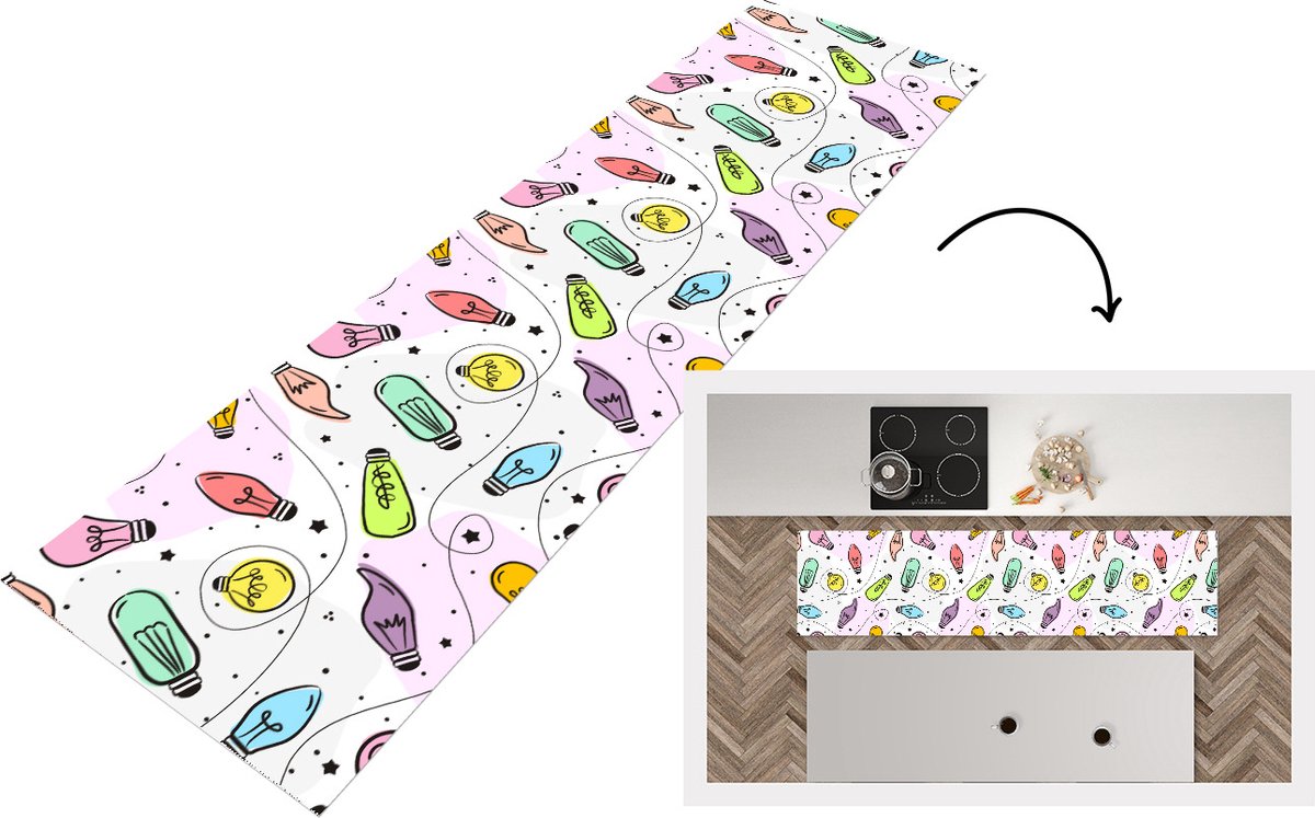 KitchenYeah Keukenloper - Loper keuken - Pastel - Regenboog - Lamp - Patronen - 200x50 cm - Keukenloper vinyl Multicolor