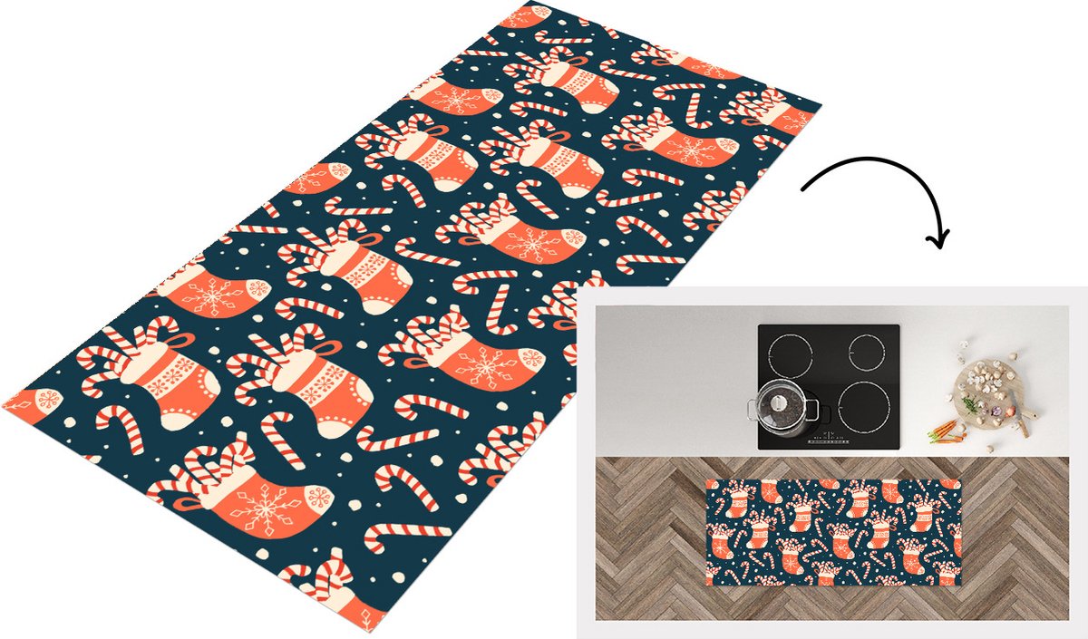 KitchenYeah Keukenloper - Loper keuken - Sokken - Snoep - Kerst - Patronen - 120x50 cm - Keukenloper vinyl Multicolor