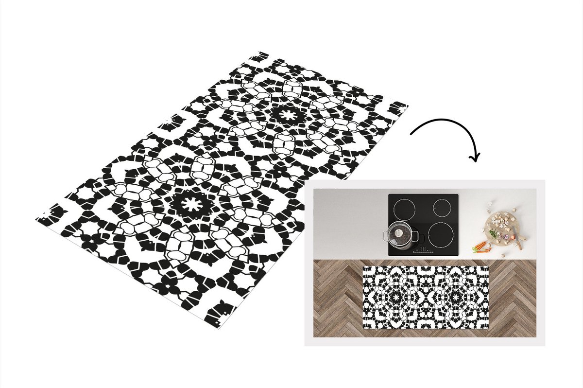 KitchenYeah Keukenloper - Loper keuken - Mandala - Zwart Wit - Patronen - 120x60 cm - Keukenloper vinyl Zwart; Wit