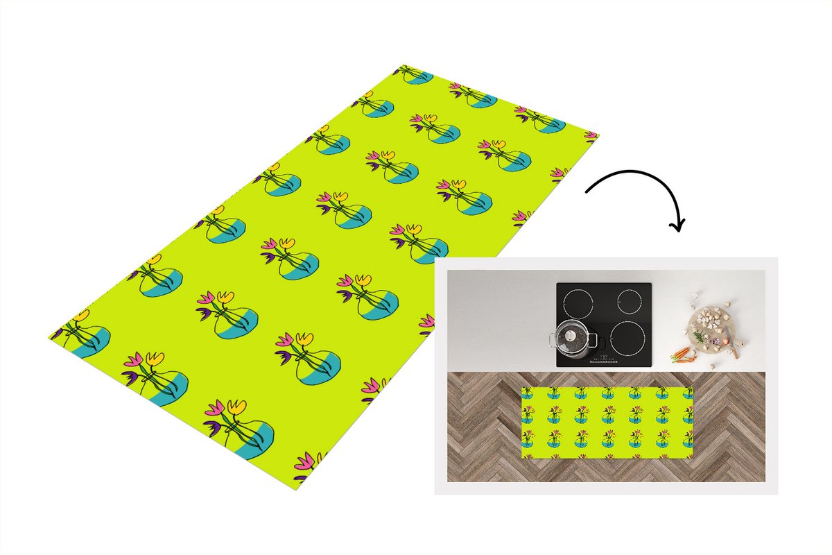 KitchenYeah Keukenloper - Loper keuken - Bloemen - Vazen - Patronen - 120x50 cm - Keukenloper vinyl Multicolor
