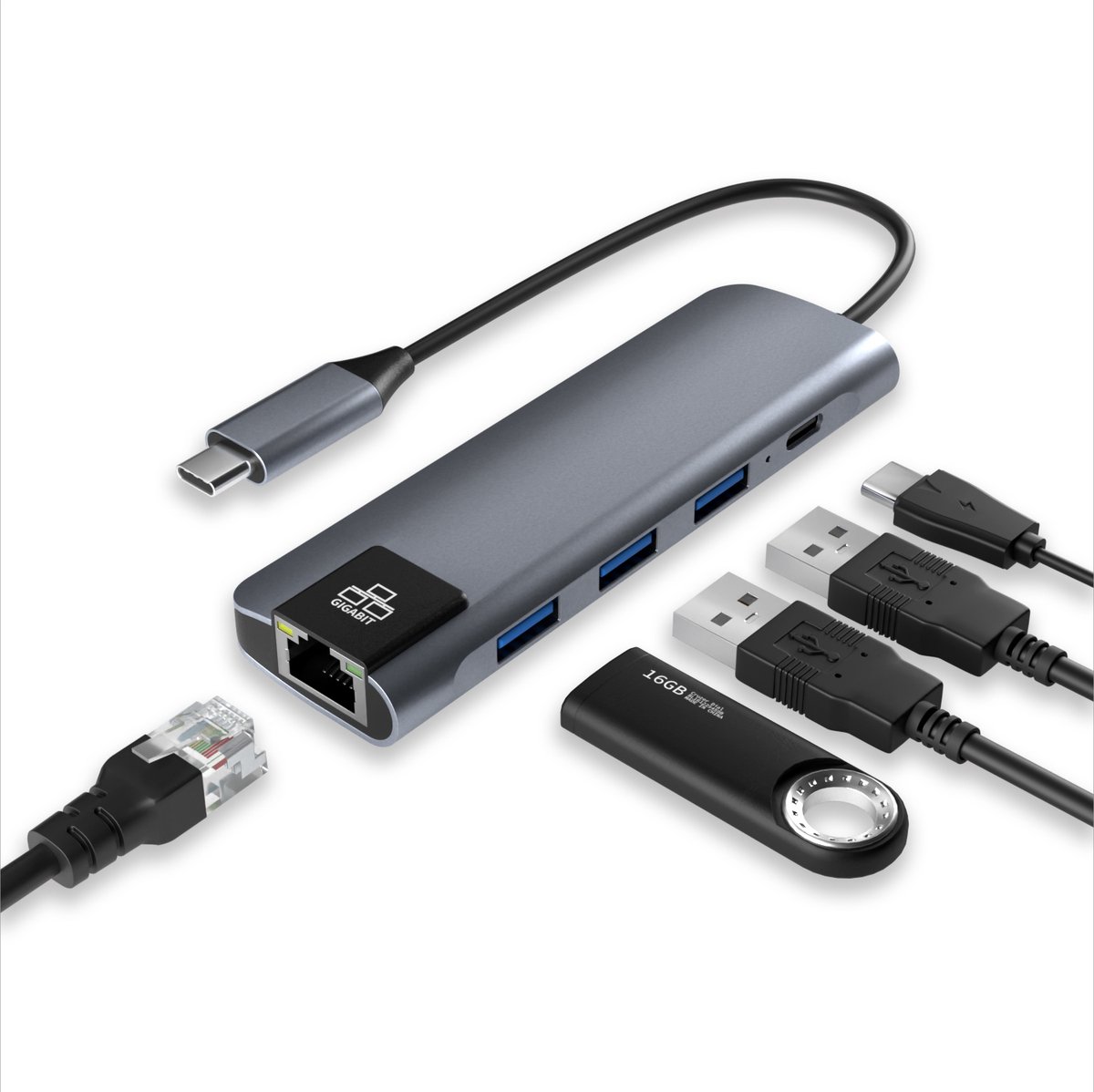 ACROPAQ U2 - Aluminium USB-C HUB 5-in-1 met LAN RJ45