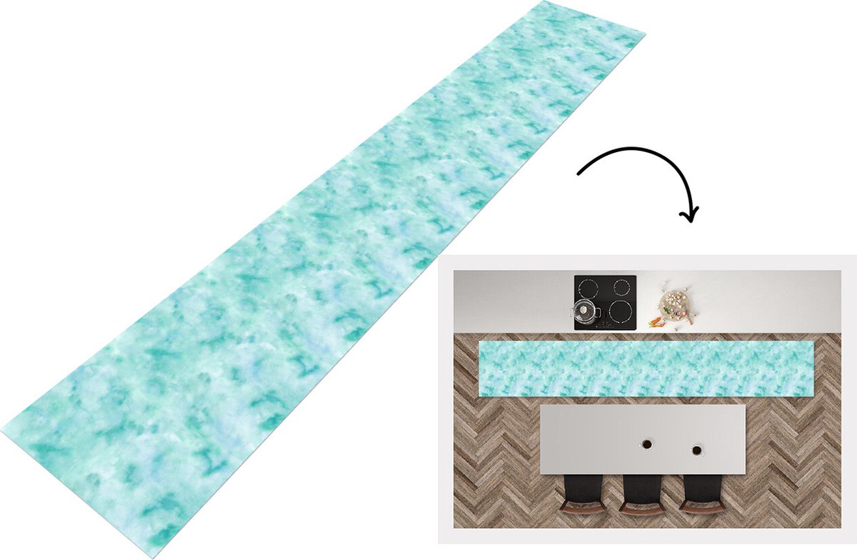 KitchenYeah Keukenloper - Loper keuken - Waterverf - Patronen - Turquoise - Aqua - 300x50 cm - Keukenloper vinyl Multicolor