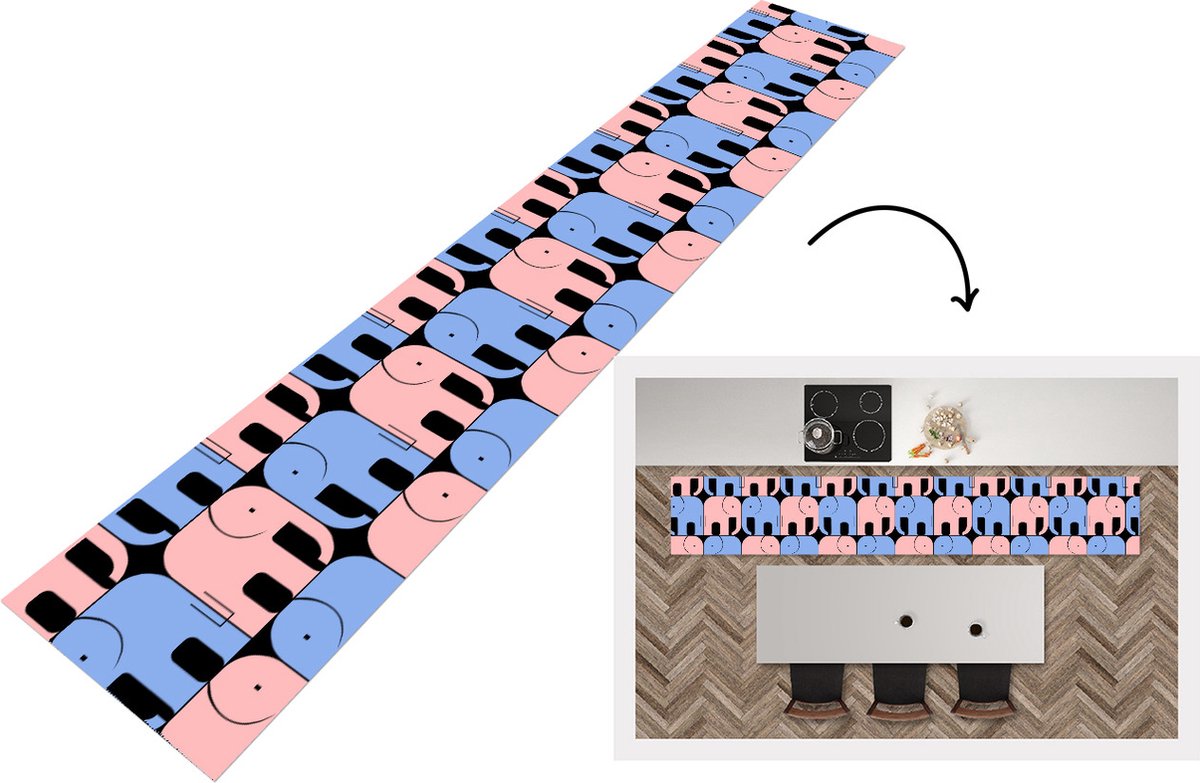 KitchenYeah Keukenloper - Loper keuken - Olifant - Lijn - Zwart - Patronen - 300x50 cm - Keukenloper vinyl Multicolor