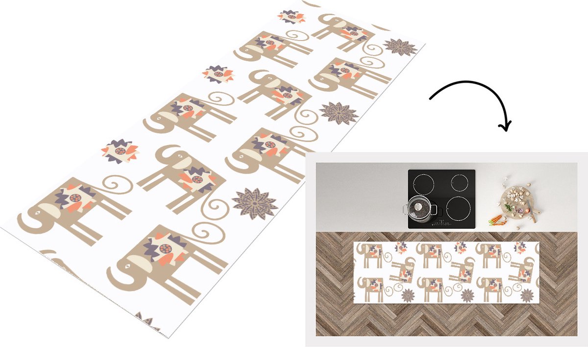 KitchenYeah Keukenloper - Loper keuken - Bloemen - Olifant - Patroon - 150x50 cm - Keukenloper vinyl Multicolor