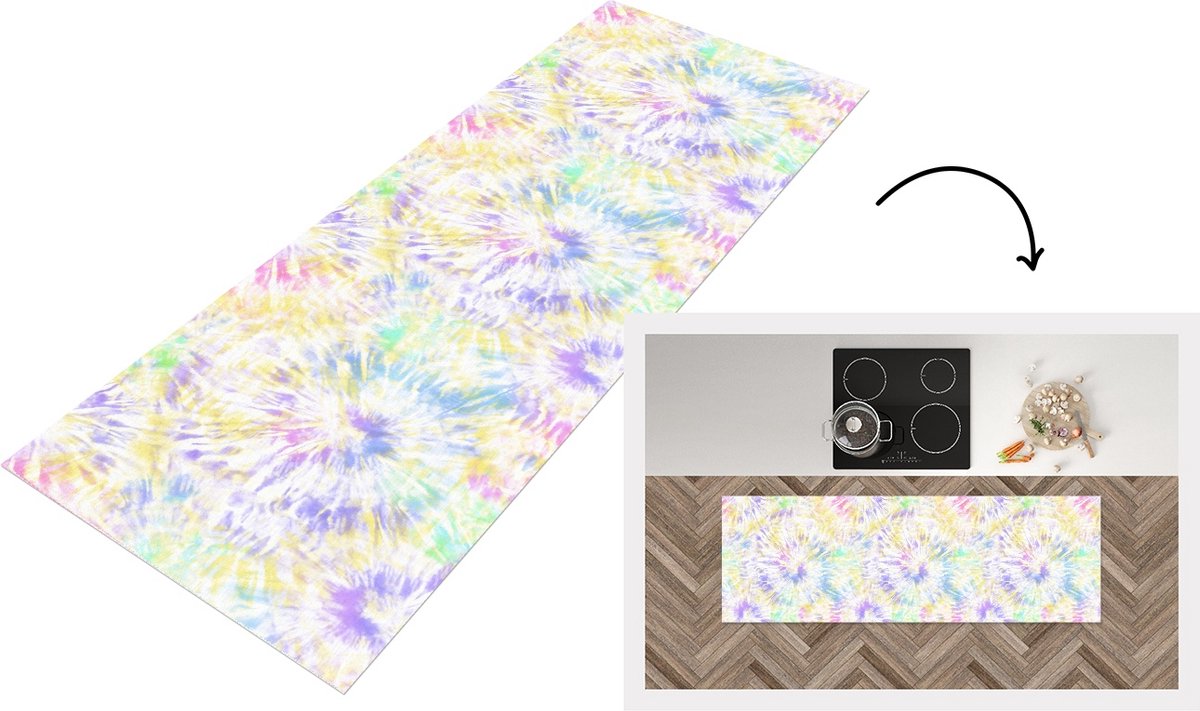 KitchenYeah Keukenloper - Loper keuken - Zomer - Patronen - Regenboog - Tie dye - 180x60 cm - Keukenloper vinyl Multicolor