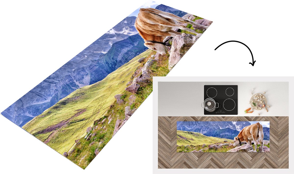 KitchenYeah Keukenloper - Loper keuken - Alpen - Koe - Berg - 150x50 cm - Keukenloper vinyl Multicolor
