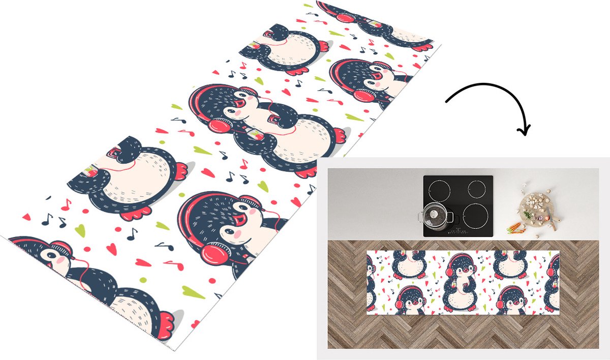 KitchenYeah Keukenloper - Loper keuken - Pinguïn - Muziek - Koptelefoon - Kinderen - Patroon - 150x50 cm - Keukenloper vinyl Multicolor