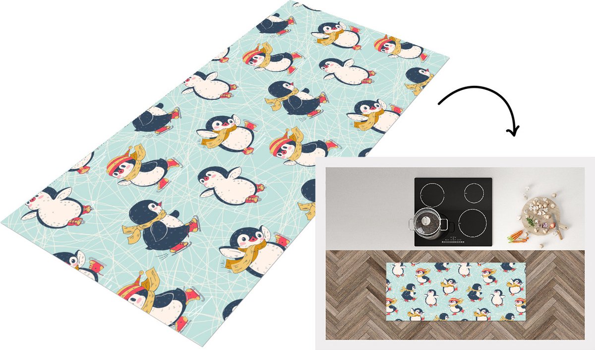 KitchenYeah Keukenloper - Loper keuken - Kinderen - Pinguïn - Schaatsen - Winter - Patronen - 120x50 cm - Keukenloper vinyl Multicolor