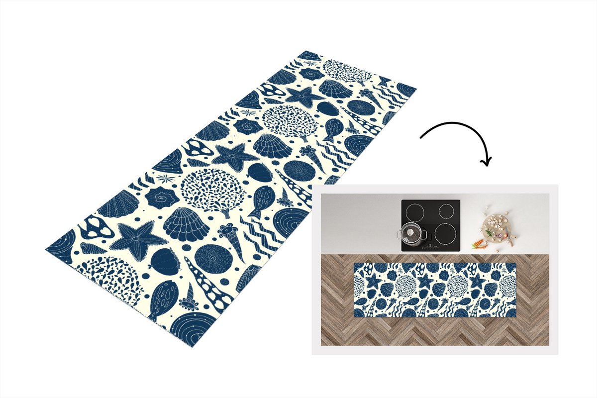 KitchenYeah Keukenloper - Loper keuken - Schelpen - Strand - Blauw - Patroon - 180x60 cm - Keukenloper vinyl Multicolor