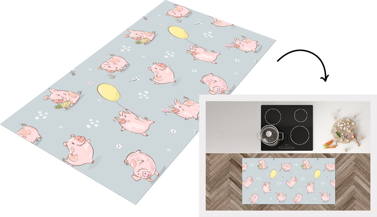 KitchenYeah Keukenloper - Loper keuken - Patronen - Varkens - Ballonnen - 120x60 cm - Keukenloper vinyl Multicolor