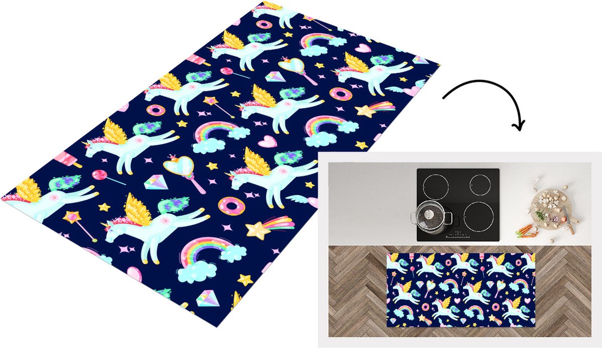 KitchenYeah Keukenloper - Loper keuken - Eenhoorn - Regenboog - Diamant - Patronen - 120x60 cm - Keukenloper vinyl Multicolor