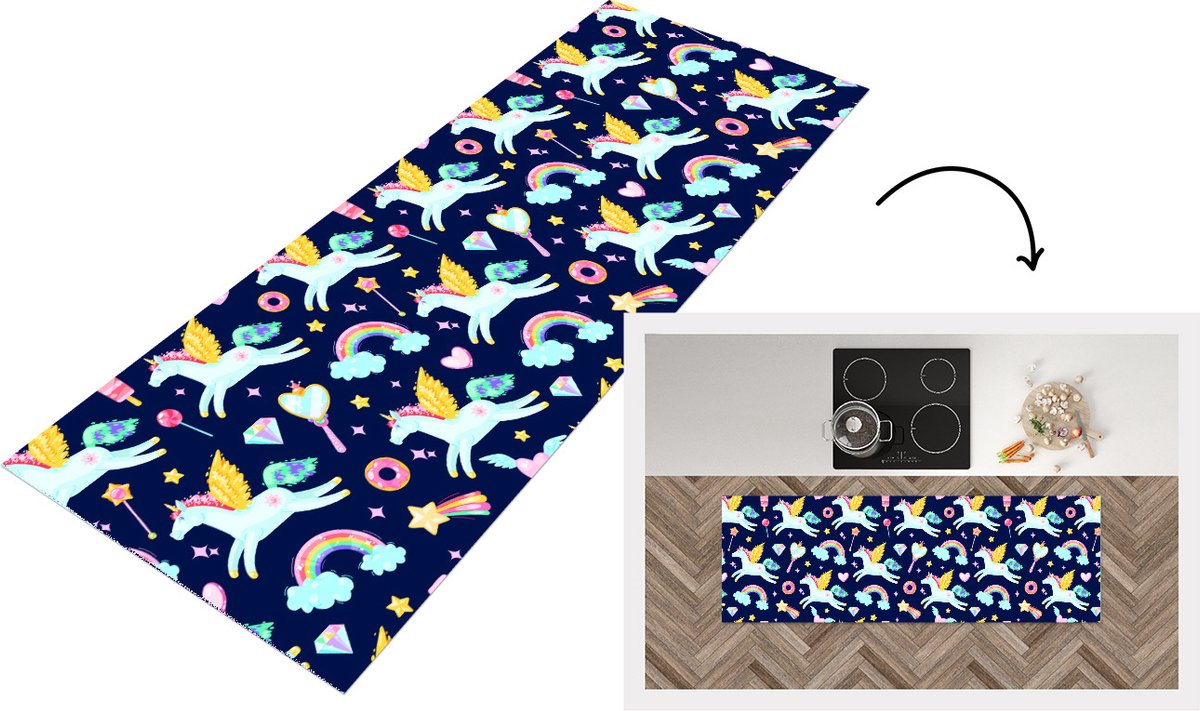 KitchenYeah Keukenloper - Loper keuken - Eenhoorn - Regenboog - Diamant - Patronen - 150x50 cm - Keukenloper vinyl Multicolor