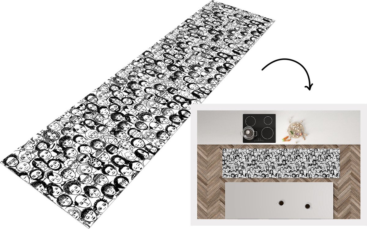 KitchenYeah Keukenloper - Loper keuken - Patronen - Gezicht - Zwart Wit - 240x60 cm - Keukenloper vinyl Zwart; Wit