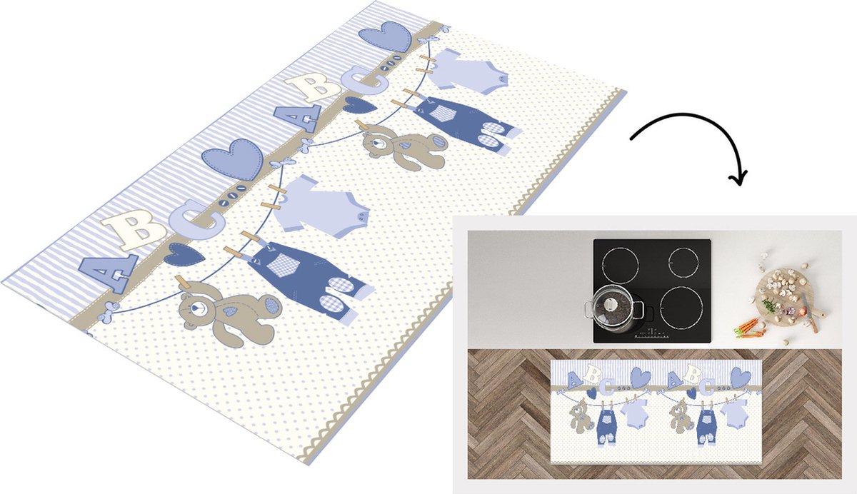 KitchenYeah Keukenloper - Loper keuken - Baby kleren - Waslijn - Teddybeer - Patroon - 120x60 cm - Keukenloper vinyl Multicolor