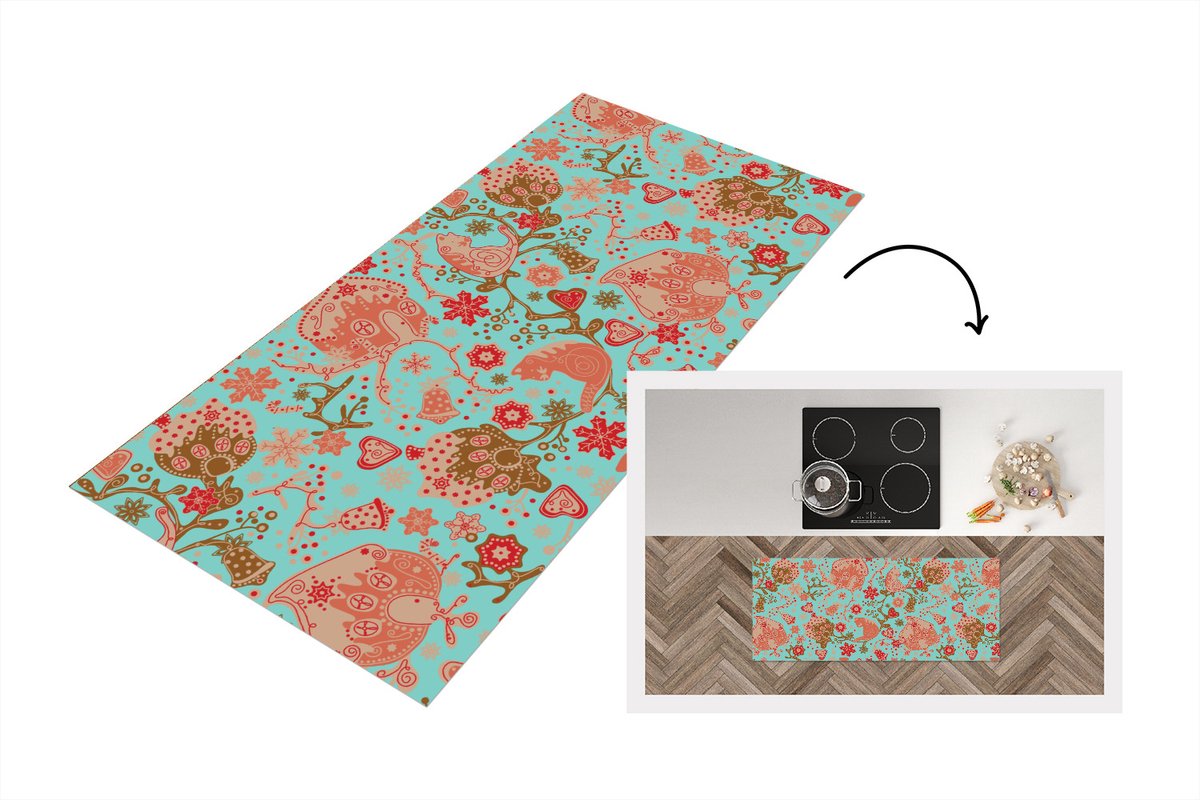 KitchenYeah Keukenloper - Loper keuken - Peperkoekhuisje - Bloemen - Katten - Sneeuwvlok - Patronen - 120x50 cm - Keukenloper vinyl Multicolor