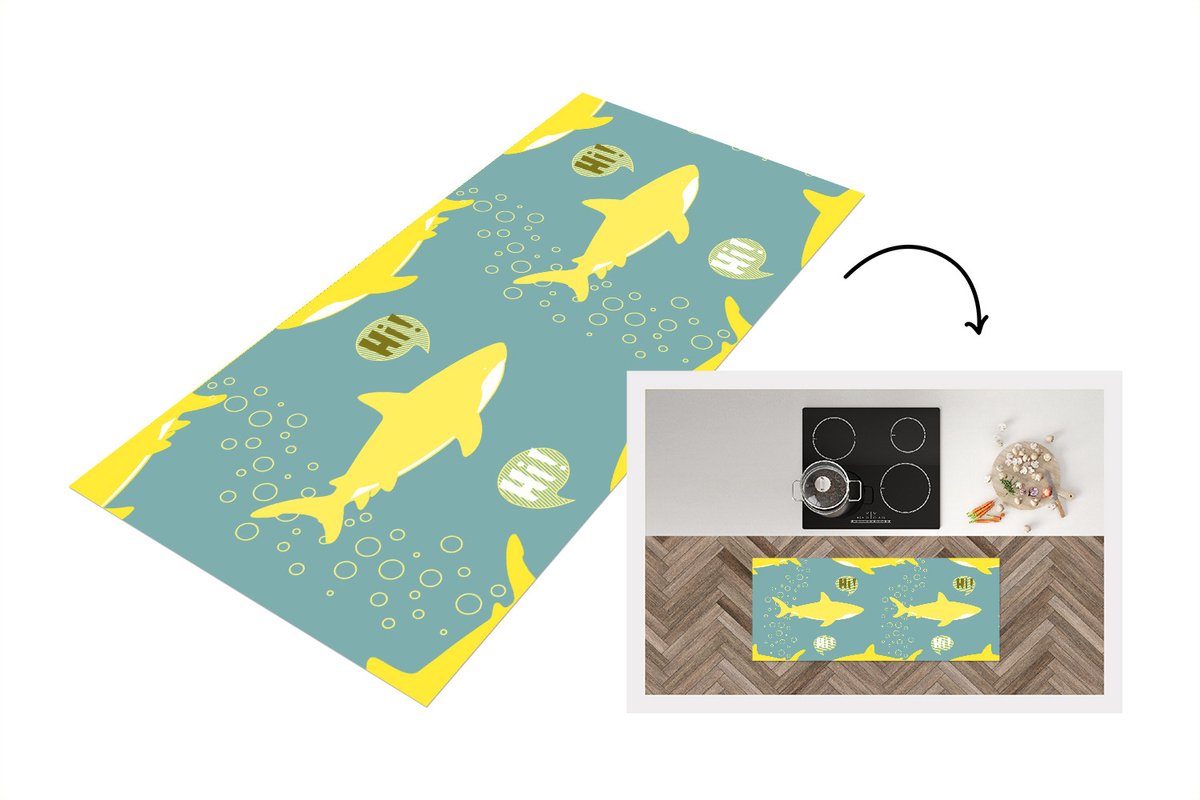KitchenYeah Keukenloper - Loper keuken - Haai - Cartoon - Geel - Patronen - Tiener - 120x50 cm - Keukenloper vinyl Multicolor