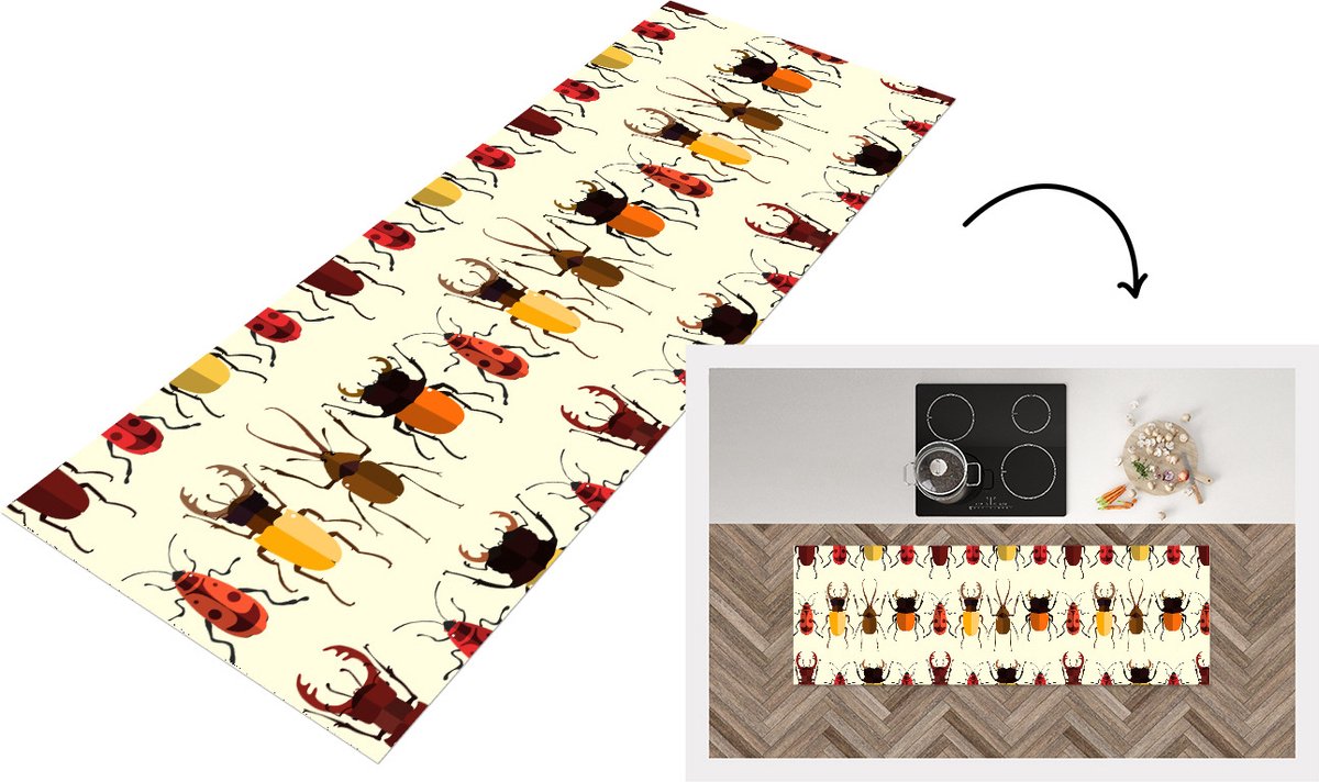 KitchenYeah Keukenloper - Loper keuken - Kever - Patronen - Insecten - 180x60 cm - Keukenloper vinyl Multicolor