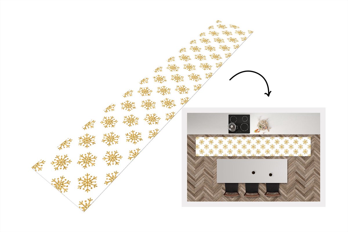 KitchenYeah Keukenloper - Loper keuken - Sneeuwvlok - Gold - Glitter - Kerstmis - Design - 300x50 cm - Keukenloper vinyl Multicolor