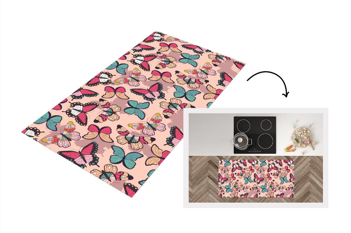 KitchenYeah Keukenloper - Loper keuken - Vlinder - Roze - Blauw - Design - 120x60 cm - Keukenloper vinyl Multicolor