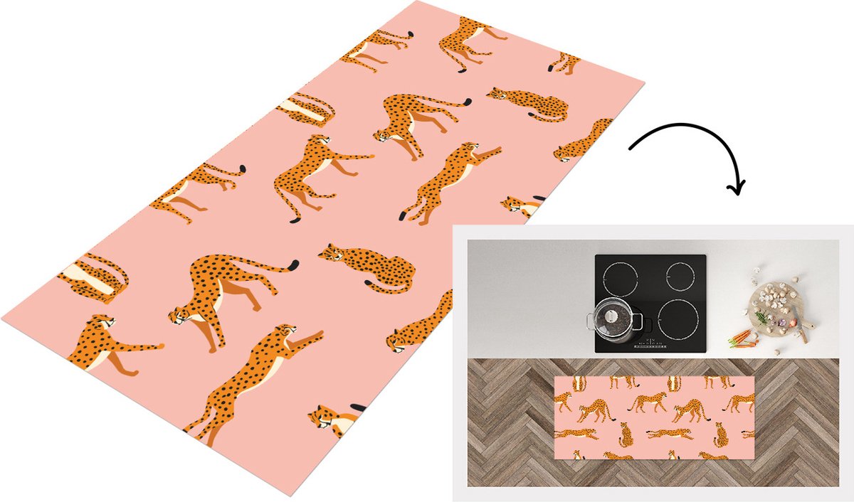 KitchenYeah Keukenloper - Loper keuken - Cheetah - Patroon - Kat - 120x50 cm - Keukenloper vinyl Multicolor